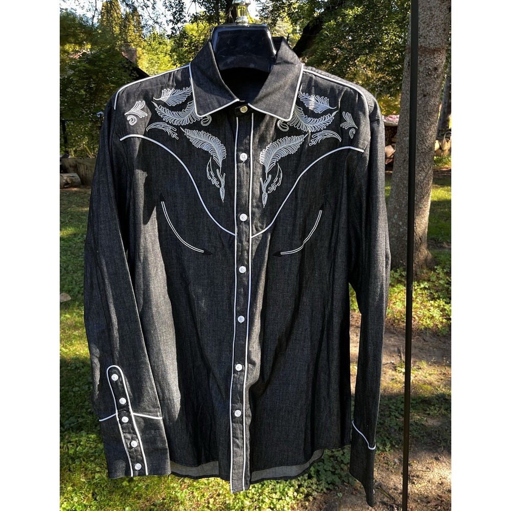 Coofandy Mens Western Shirt Black Denim Look Feather Embroidery Piping Medium